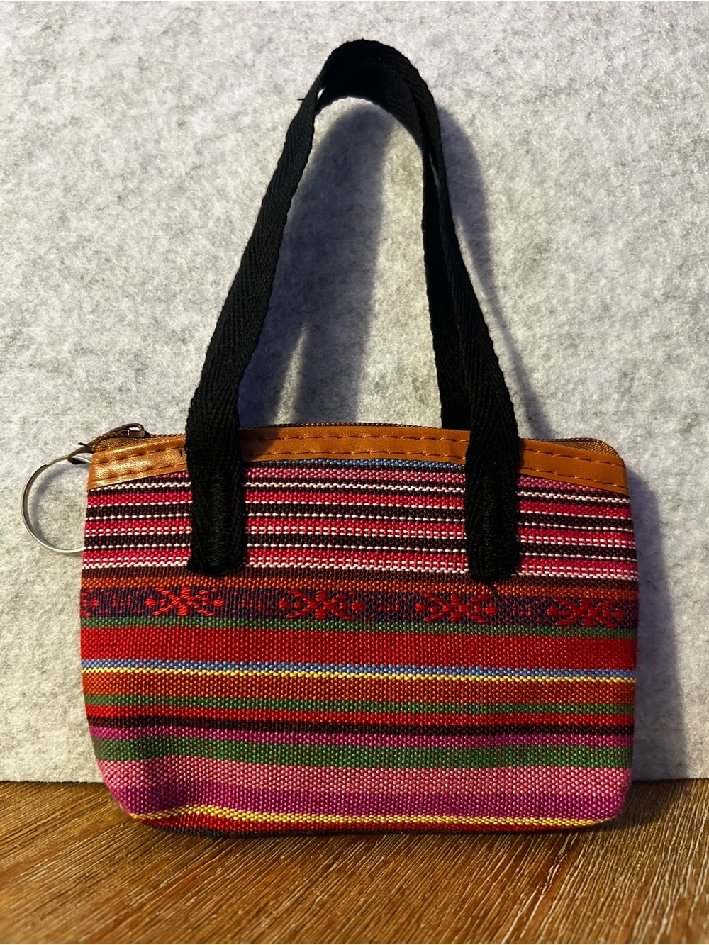 Micro Tote Bag with Black Handles, handmade multicolor striped